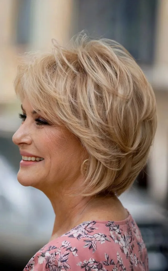 Neck-Grazing Sandy Blonde Feathered Inverted Bob with Wispy Layers for Seniors Over 60