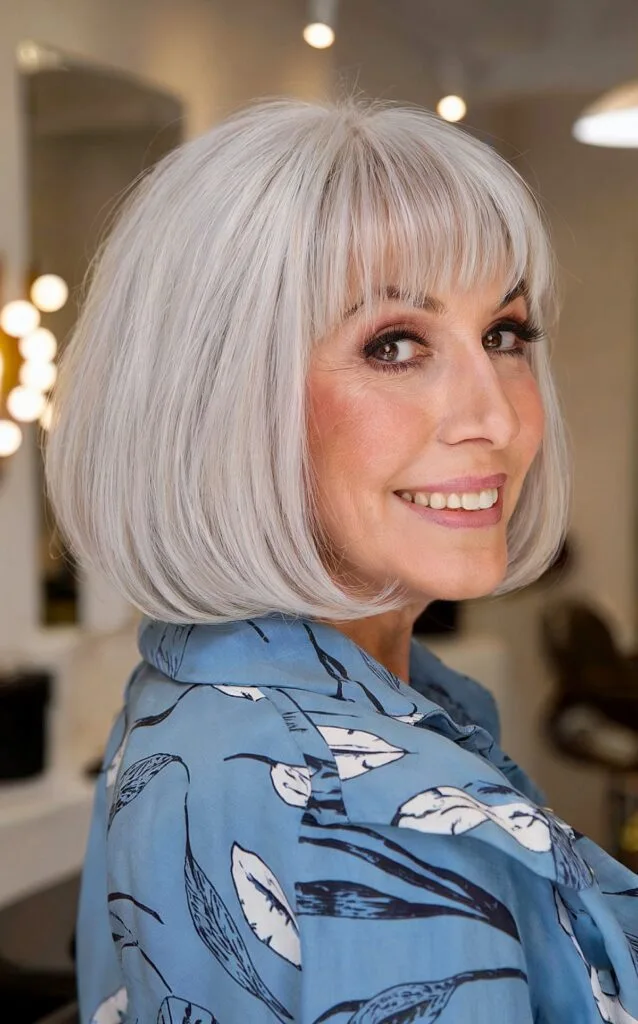 Neck-Length Bob Haircut with Full Bangs on Seniors Aged 50
