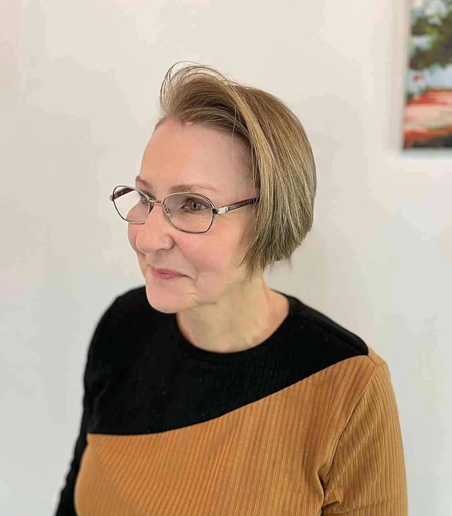 No-Bangs Pixie Bob with Deep Side Part on women of older age