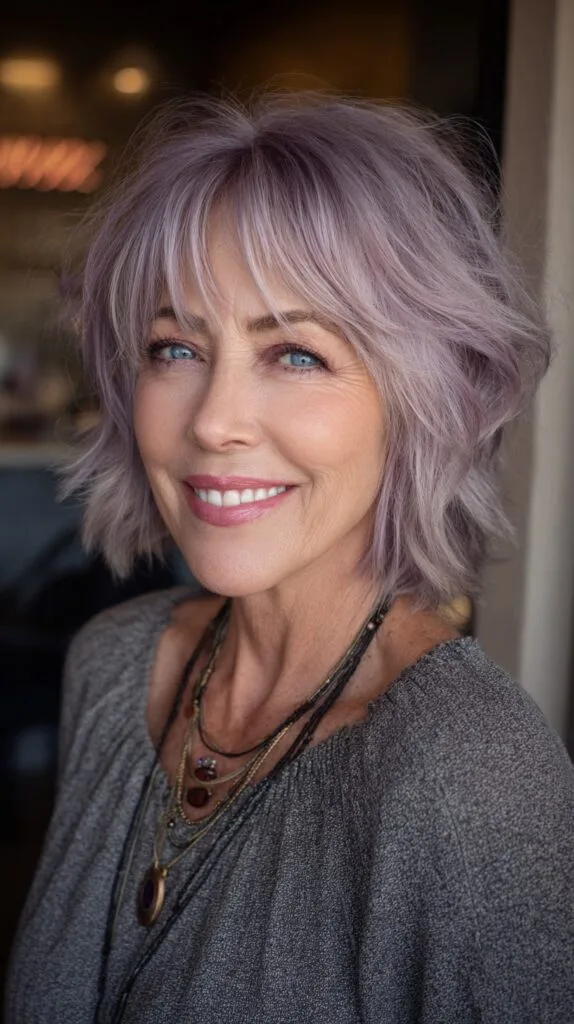 Pastel Lavender Layered Short Wolf Cut with Soft Curtain Fringe