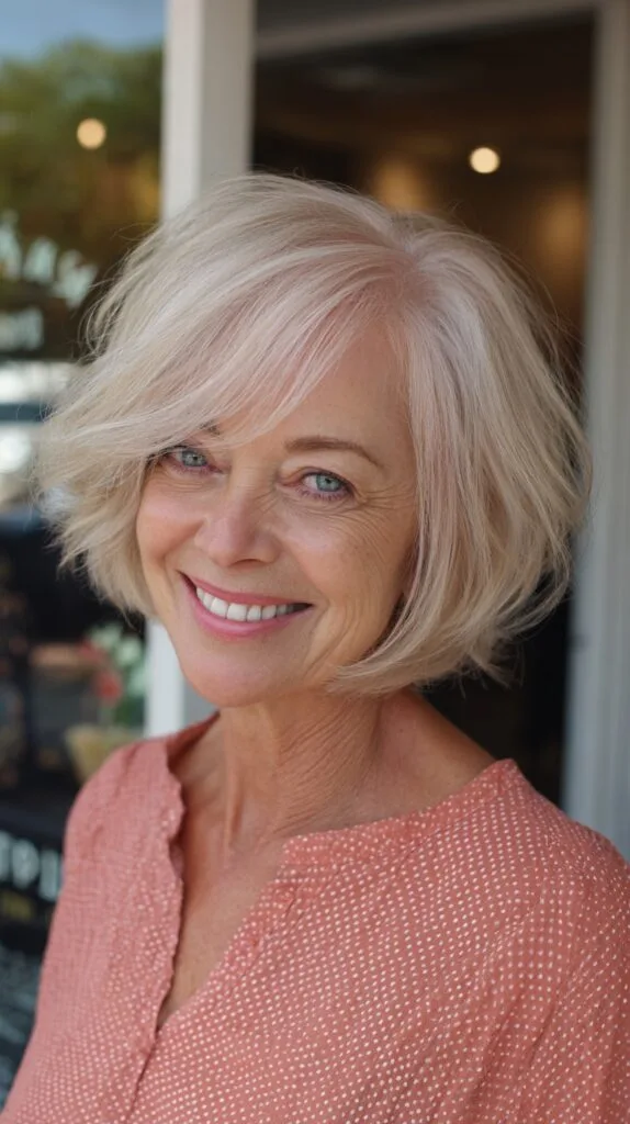 Pearl-Platinum Feathered Chin-Length Bob with Side-Parted Sweep