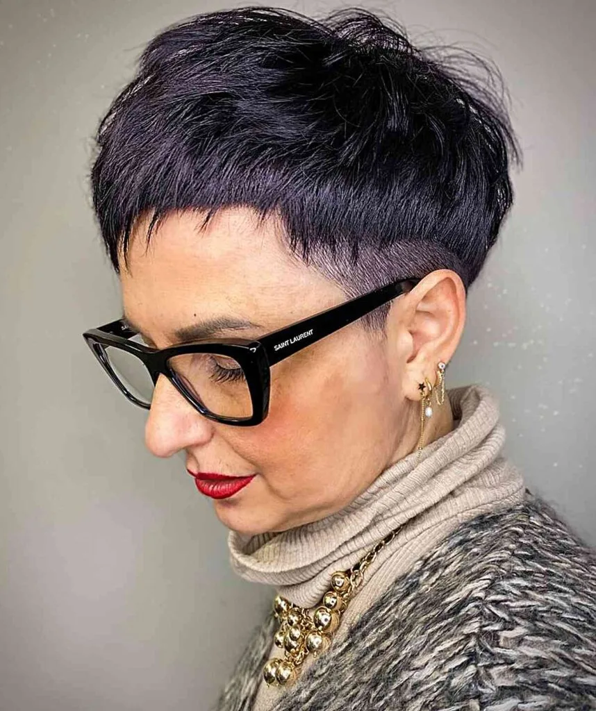 Pixie Bowl Cut for Short Hair on women past 50 with glasses