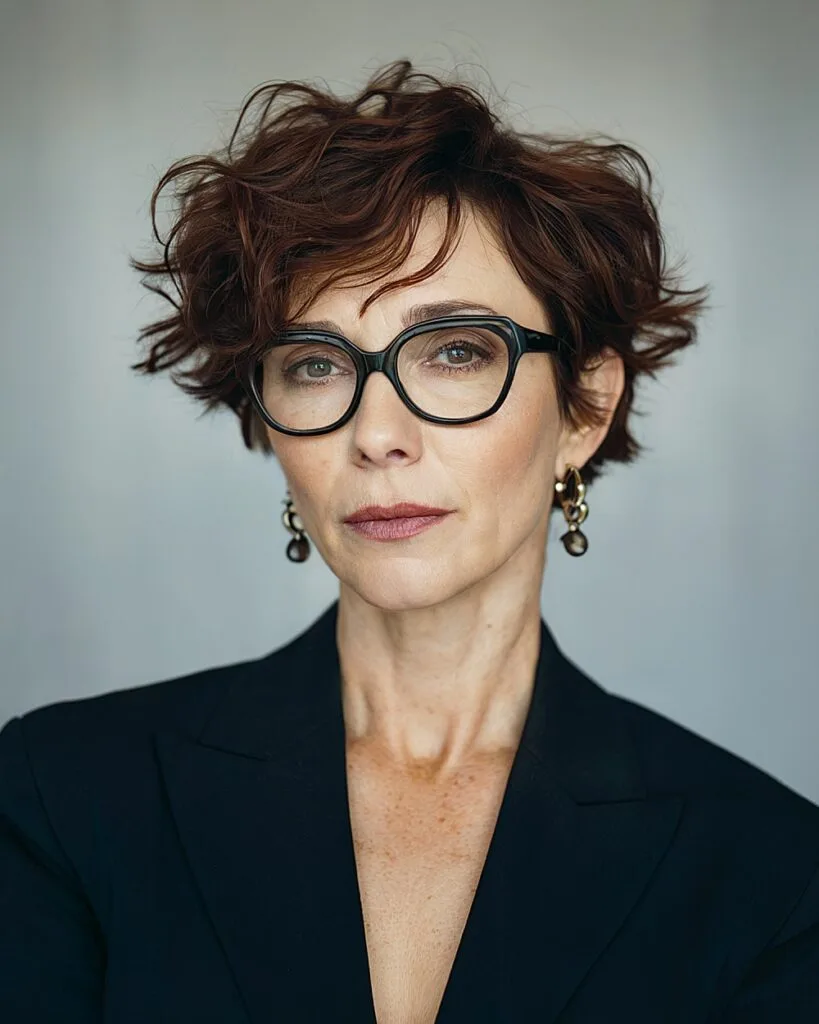 Pixmuse wavy pixie cut with tousled layers and deep auburn tone for women over 50