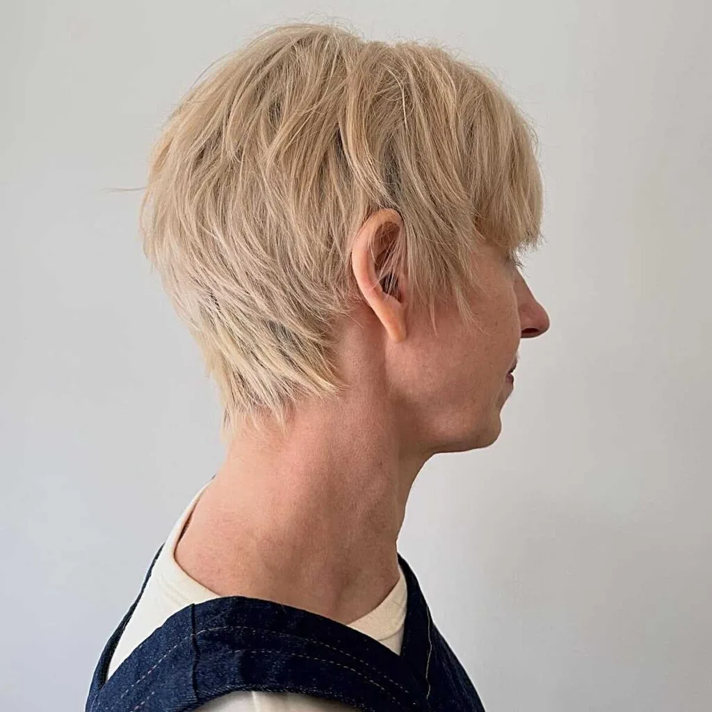 Platinum blonde layered bixie with wispy nape and sides