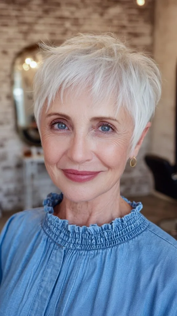 Platinum Feathered Textured Pixie with Soft Layers