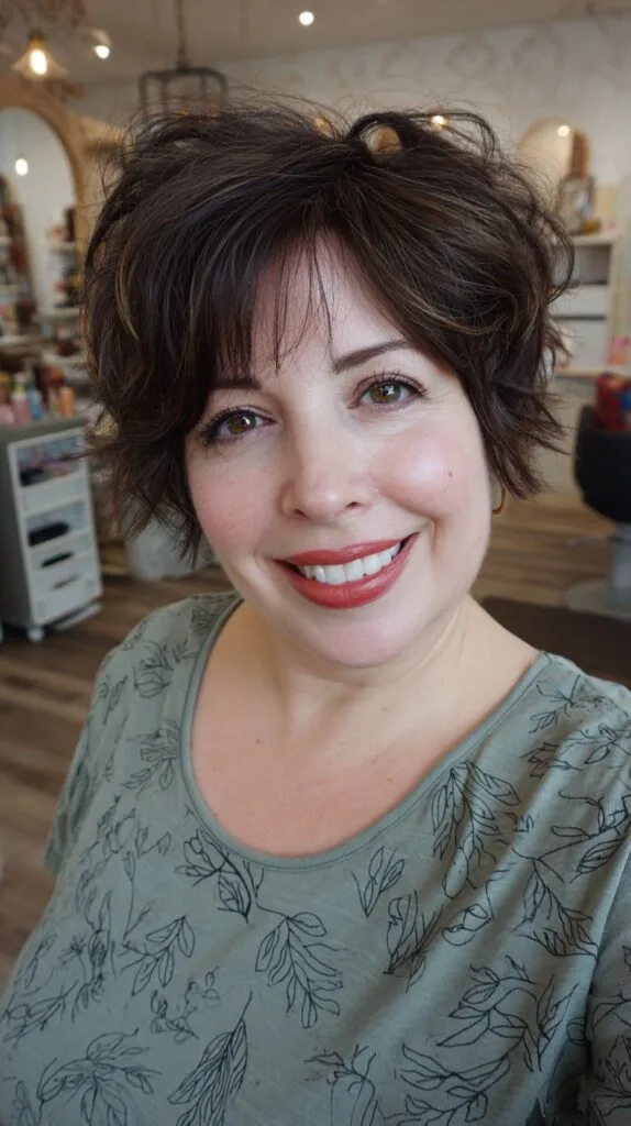 Playful Chestnut Wavy Bob with Feathered Layers
