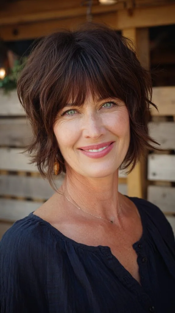 Playful Deep-Brunette Layered Bob with Soft Bangs