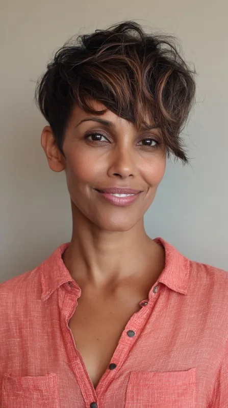 Playful Textured Short Crop with Side Swept Bangs
