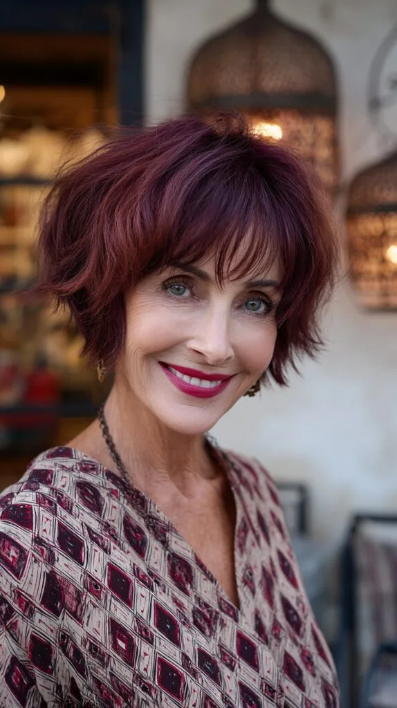 Plum-Shaded Choppy French Bob with Soft Micro-Wisps