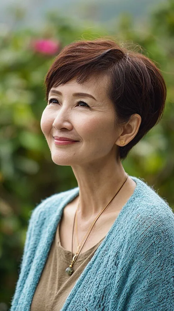 Polished auburn long pixie with side-swept volume