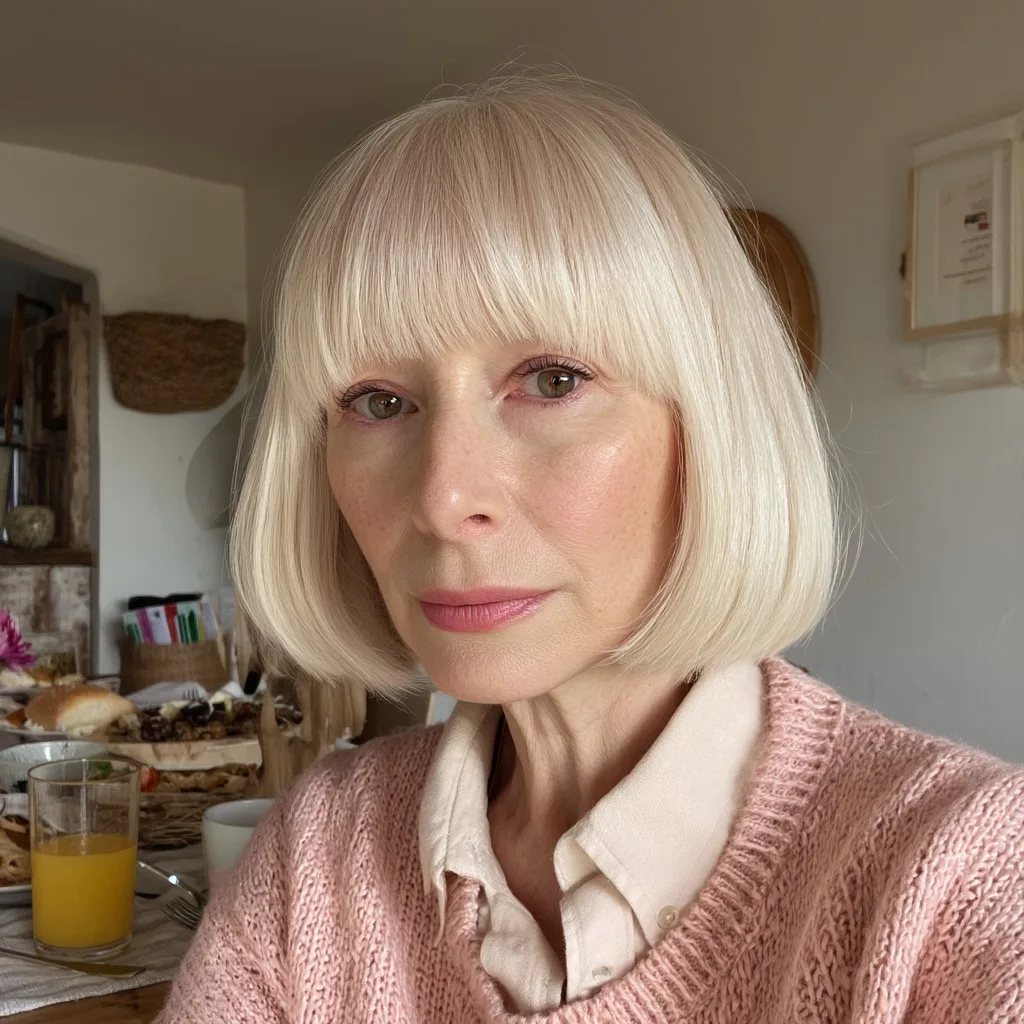 Polished Creamy Blonde Bob with Straight Bangs