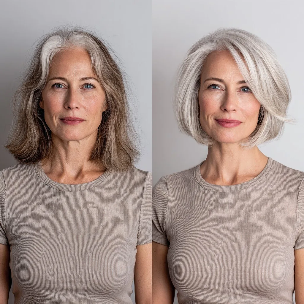Polished Silver Graduated Chin-Length Bob with Side-Swept Fringe