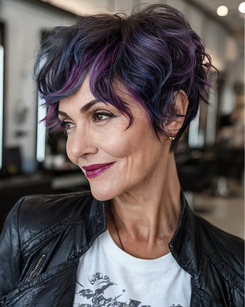 Punk inspired wavy pixie cut with purple-blue tones and asymmetrical fringe for women over 50