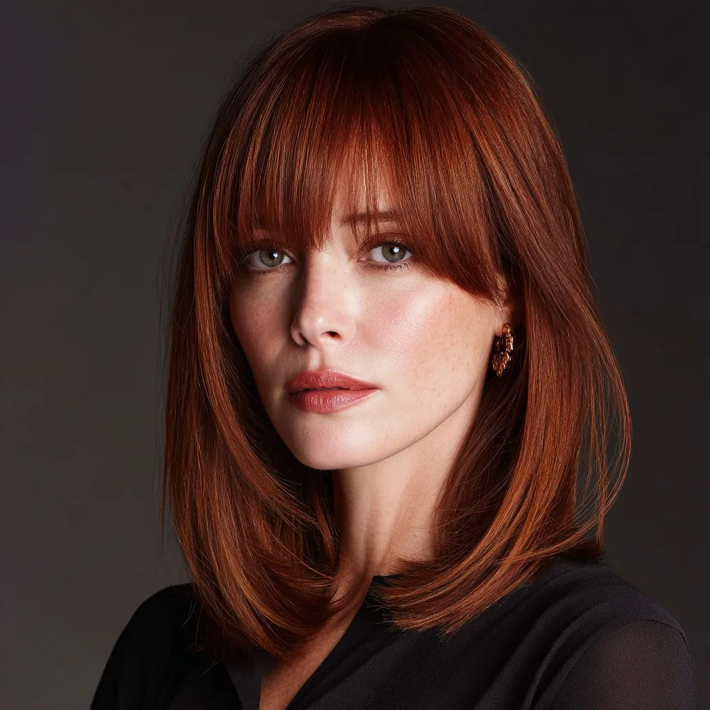 Radiant Auburn Medium Cut with Soft Blunt Bangs