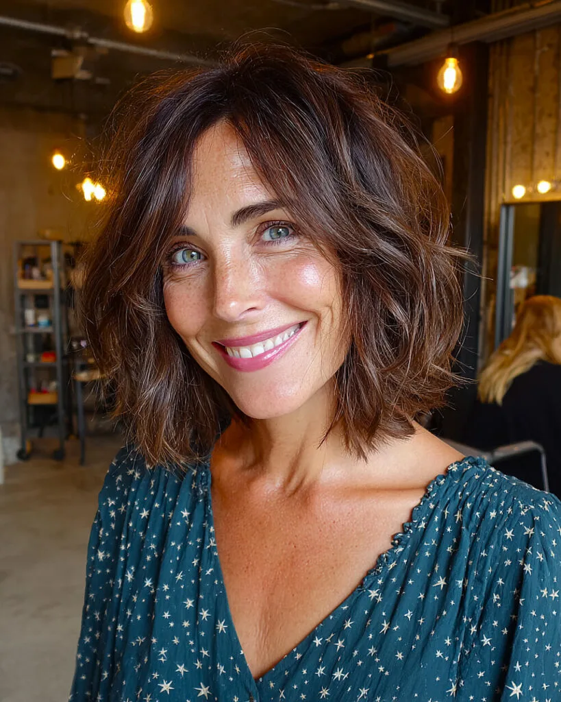 Razor-cut long bob for women over 50 with tousled layers and natural brunette color