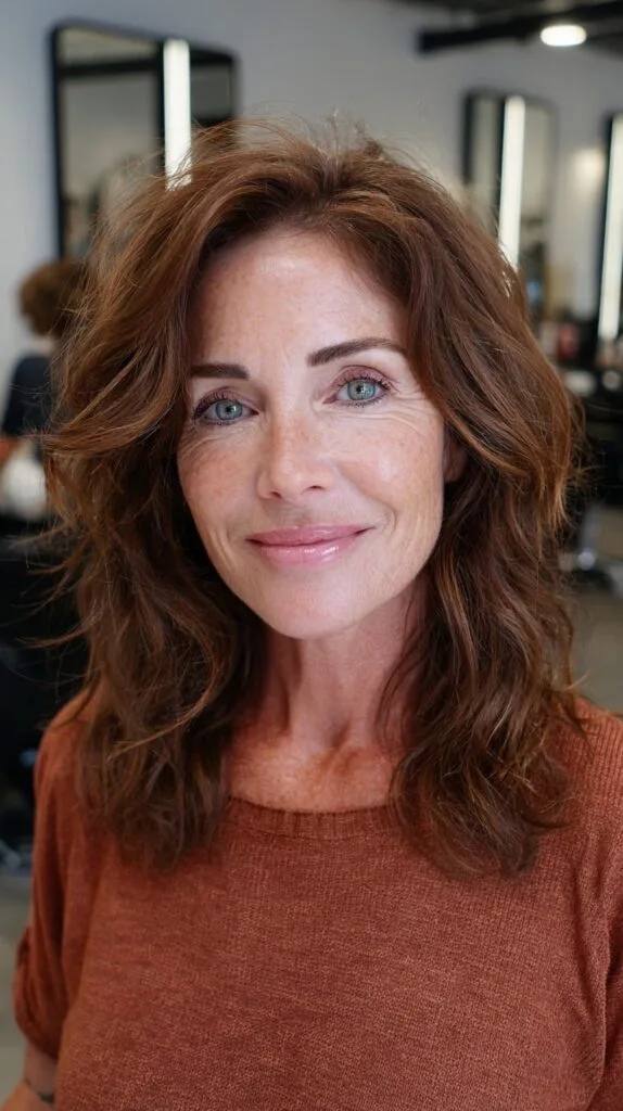 Rich Auburn Shoulder-Length Shag with Lifted Curtain Layers