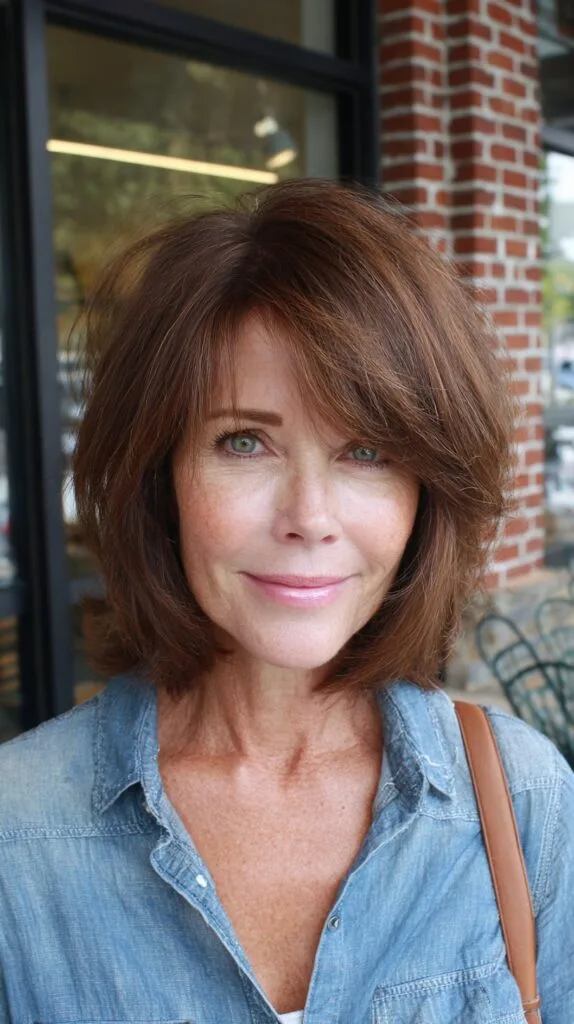 Rich Auburn Textured Bob with Curtain Bangs