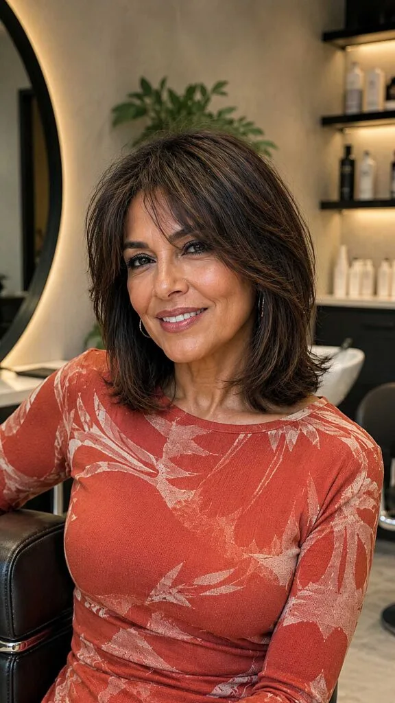 Rich Espresso Layered Lob with Wispy Tapered Fringe