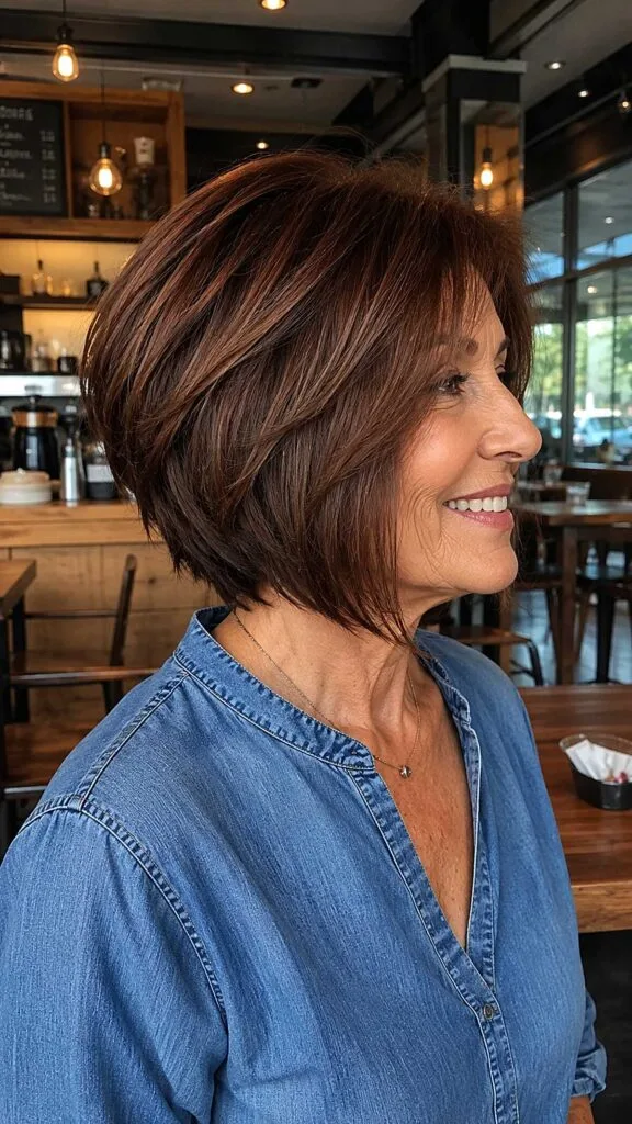 Rich mahogany textured angled bob with choppy layers