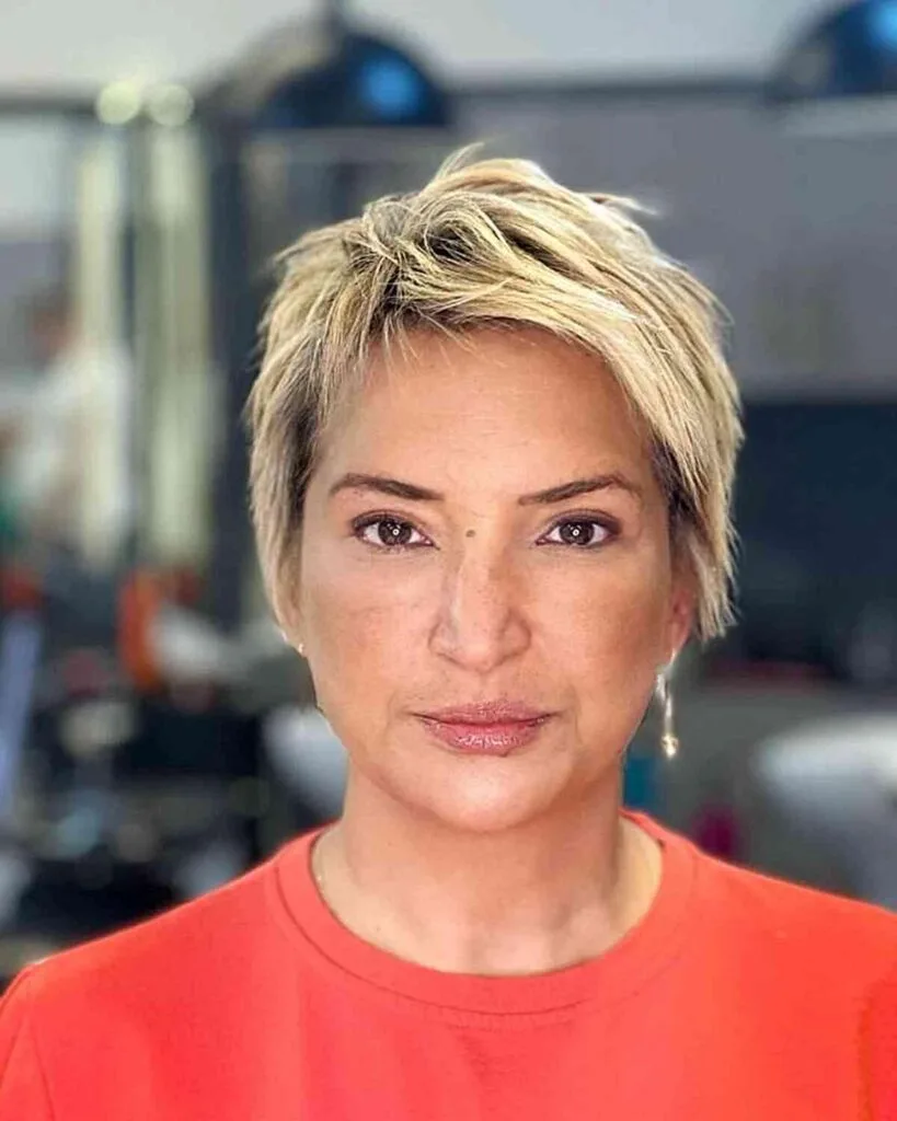 Rooted Blonde Long Pixie Cut for Women Aged 40 and Over