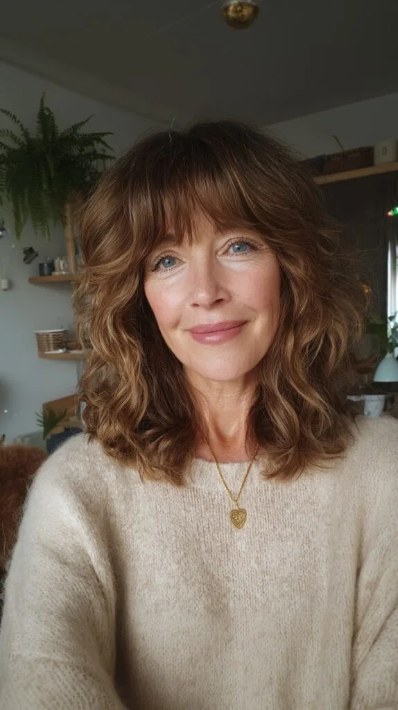 Rooted Chestnut Shoulder-Length Shag with Textured Curtain Fringe