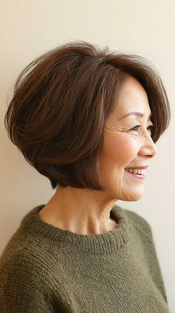 Rounded chestnut brown angled bob with turned-under ends