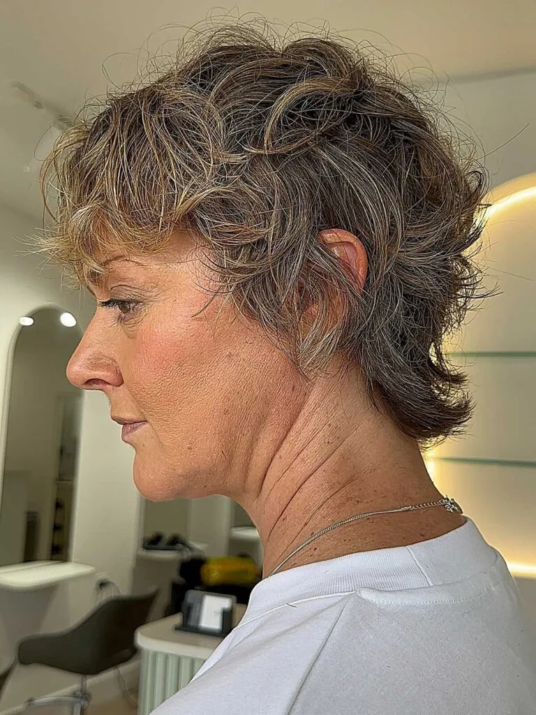 Salt-and-pepper curly bixie with natural texture