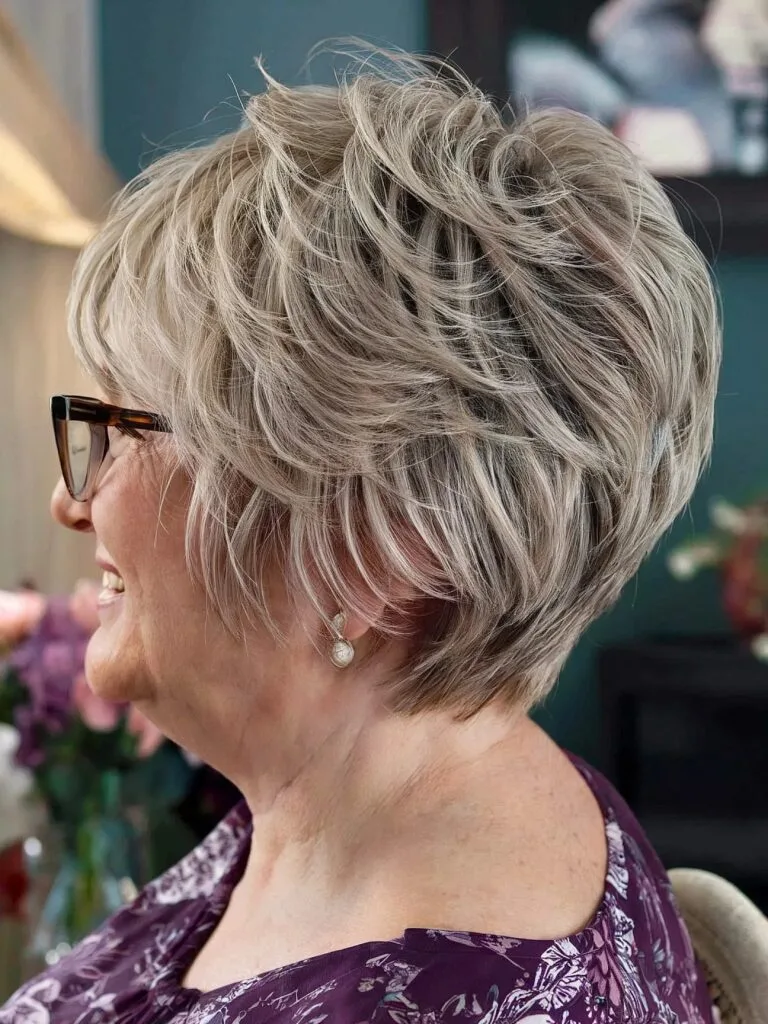 Salt-and-Pepper Feathered Bixie with Soft Layers for women 60s and up
