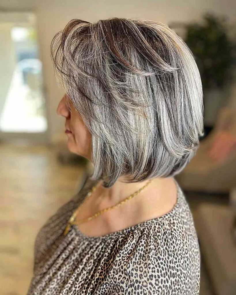 Salt-And-Pepper Medium Bob with Feathery Side Fringe on Older Ladies