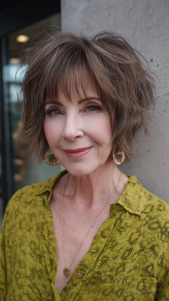 Salt-and-Pepper Textured Chin-Length Shag with Wispy Bangs