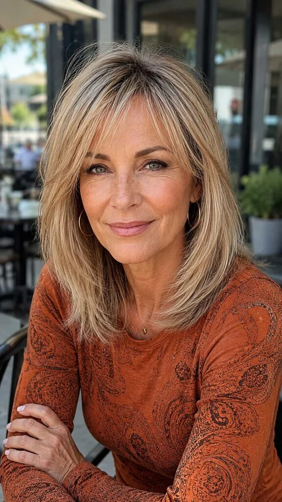 Sandy Blonde Layered Lob with Feathered Side Bangs