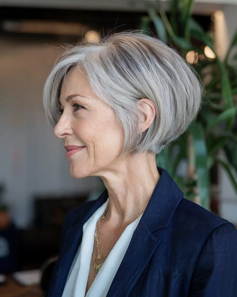 Sculpted wedge pixie bob haircut for older women with thick silver-blonde hair and stacked layers