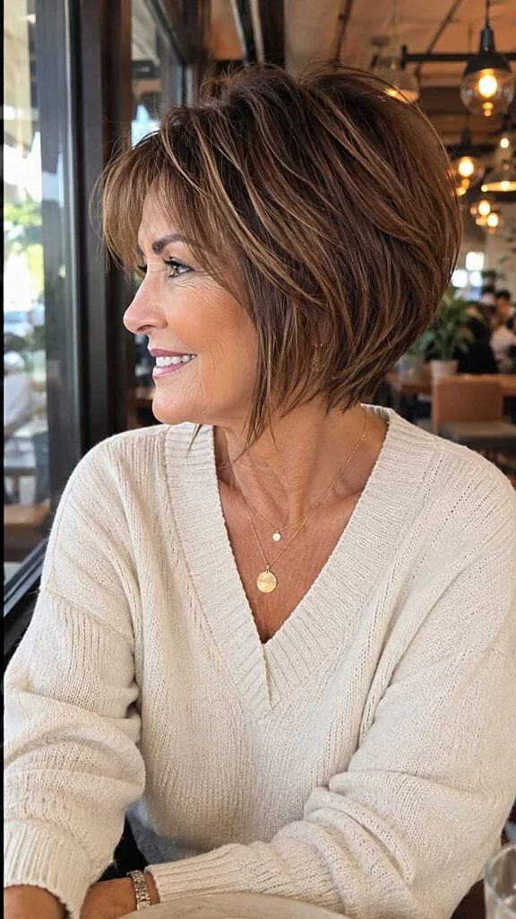 Shaggy brunette angled bob with golden highlights
