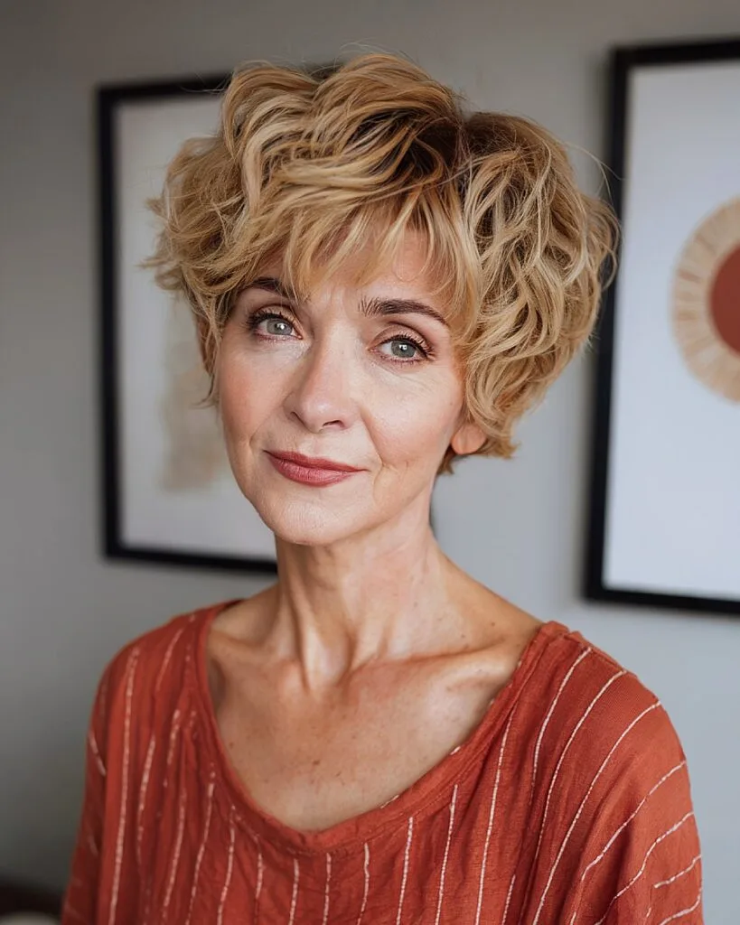 Shaggy wavy pixie cut with crown lift and tousled fringe for women over 50