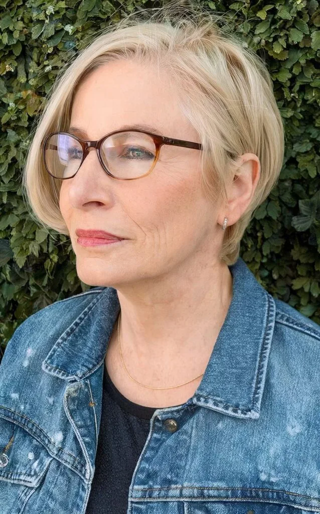 Short asymmetrical bob for older women with fine hair