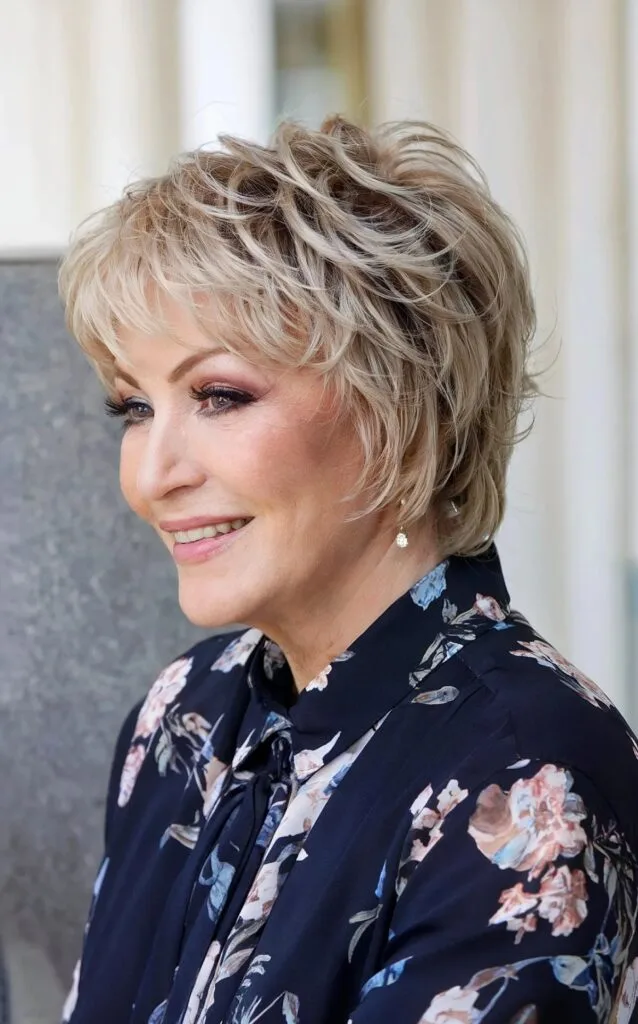 Short Beige Blonde Feathered Pixie Hair for ladies in their 60s