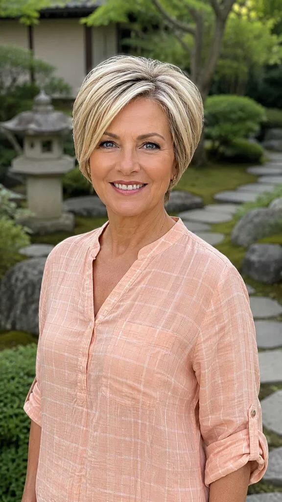 Short blonde wedge bob with dark lowlights and volume