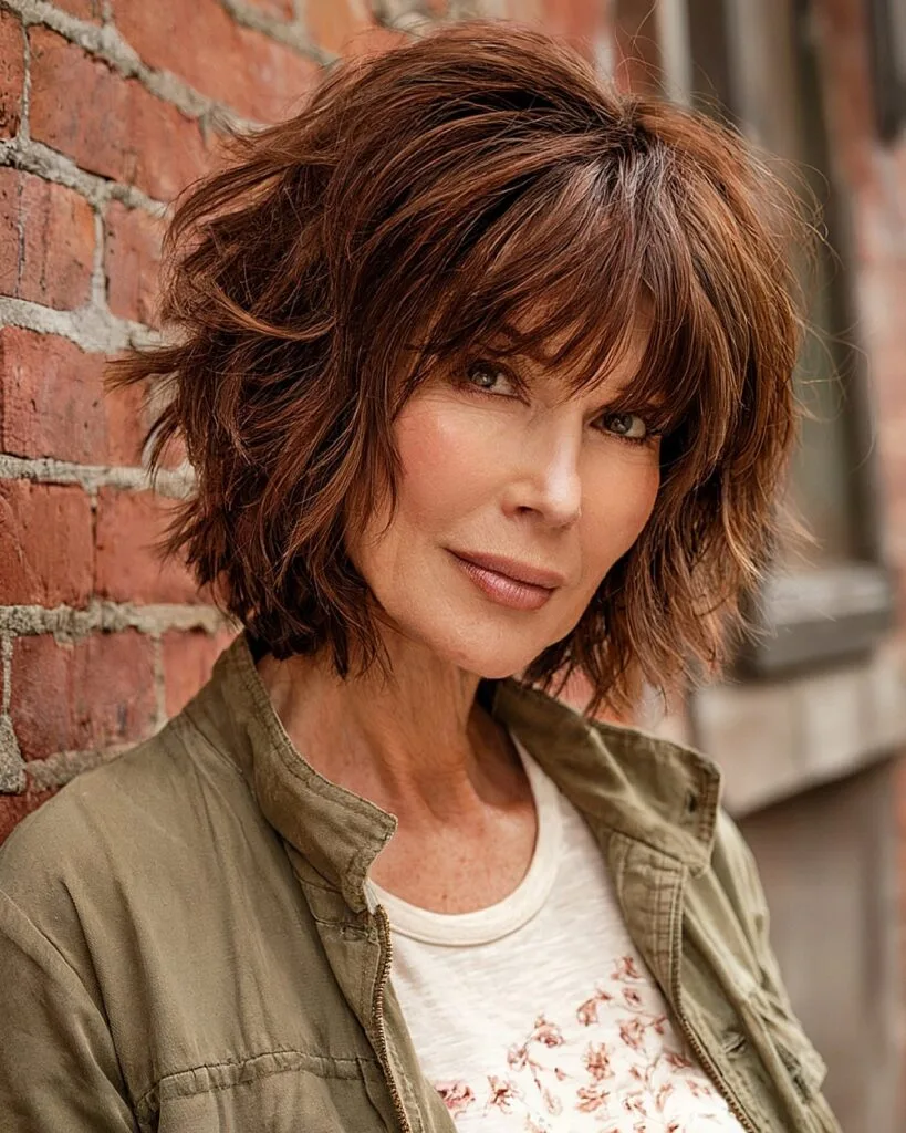 Short choppy bob with bangs and tousled volume for thick hair over 50