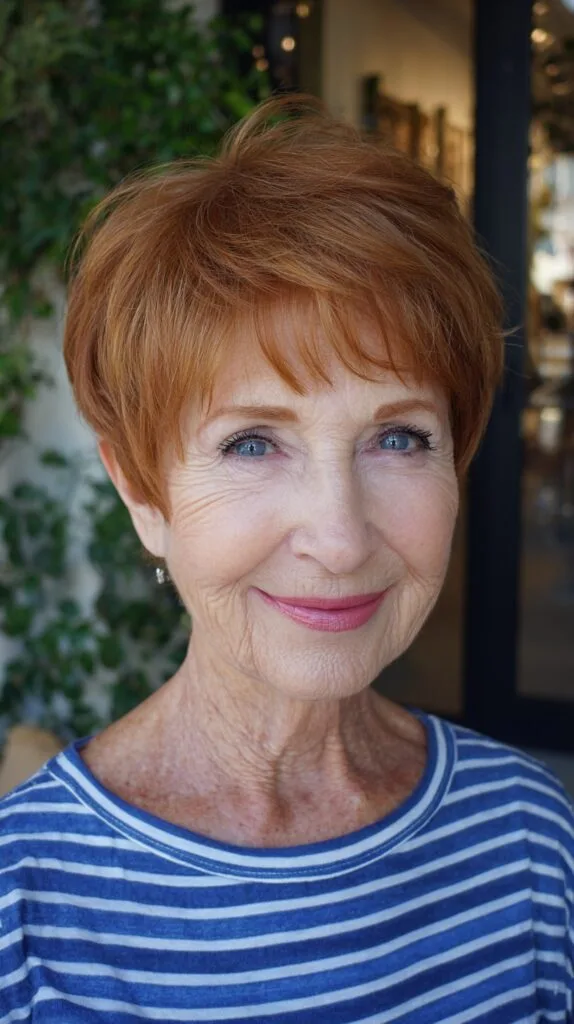 Short Copper Pixie with Feathered Crown and Micro-Bang