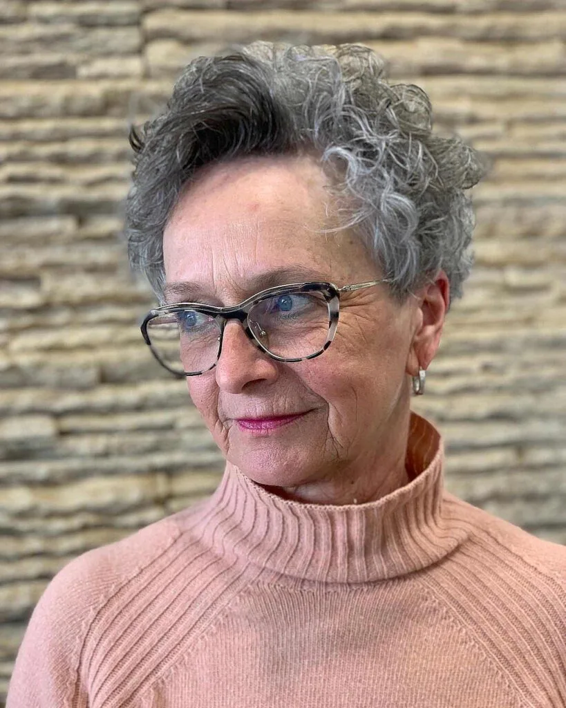short curly hair for 70-year-olds with glasses