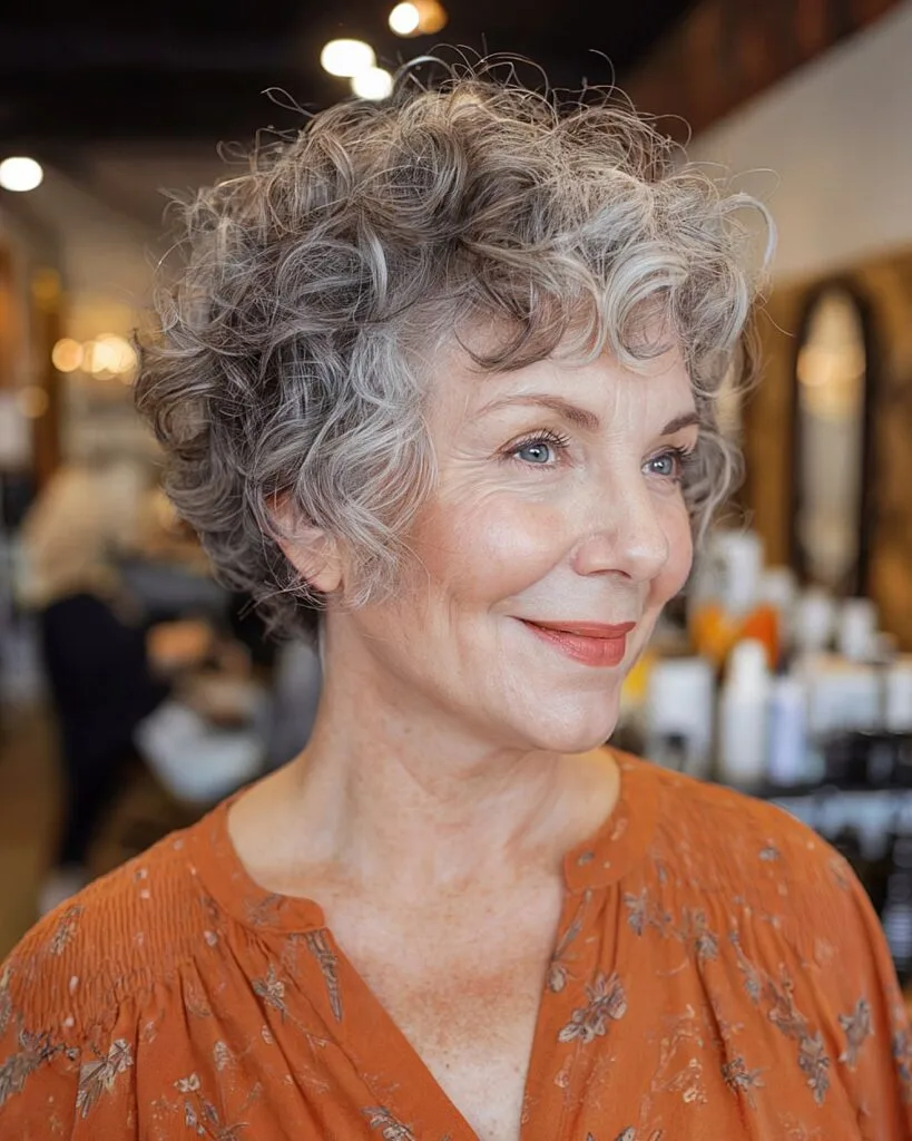 Short curly pixie bob for older women with soft fringe and salt and pepper curls