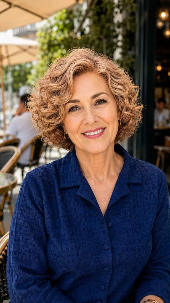 Short curly strawberry blonde bob on older woman