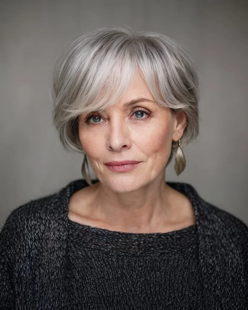 Short feathered gray bob with wispy bangs for fine hair over 60, adding soft volume and face-framing shape