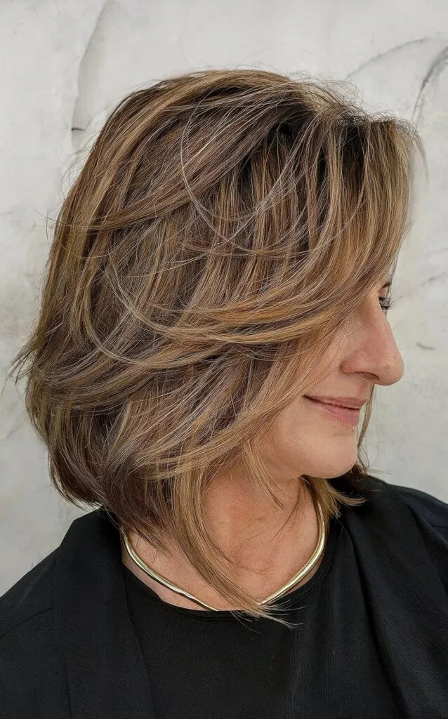 Short Feathered Layered Bob Cut for Brunettes Over 50