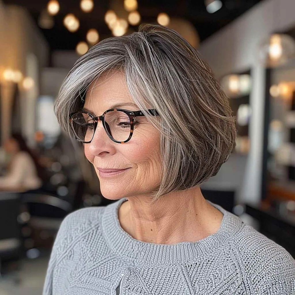 short haircut for over 50 with thick hair and glasses