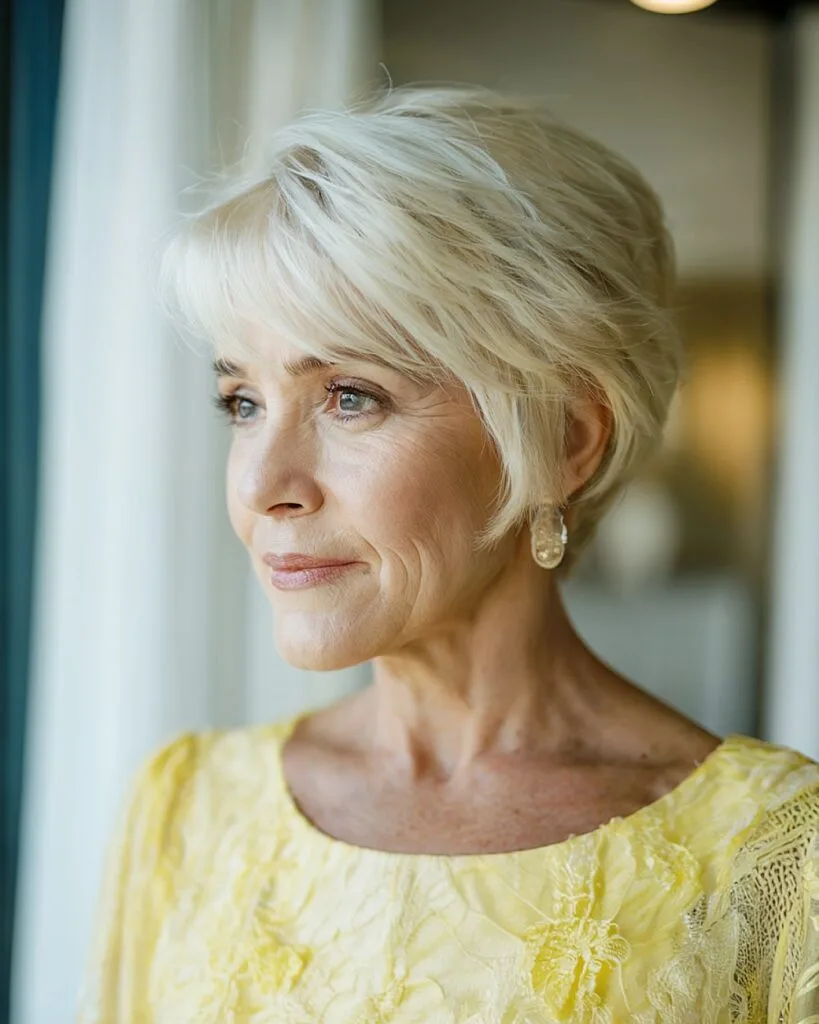 Short layered blonde pixie bob for fine hair over 60 with side-swept bangs and volume at crown