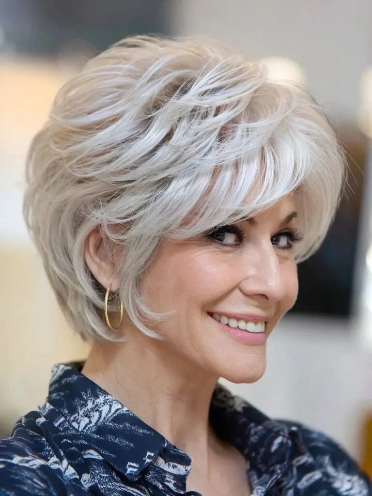 Short Layered White Feathered Lixie with Swoopy Bangs for 60-year-olds