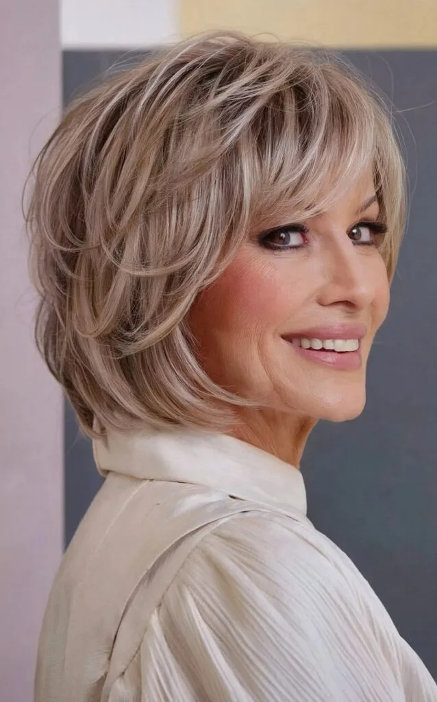Short-Length Graduated Bob with Feathered Bangs for Ladies Over 60
