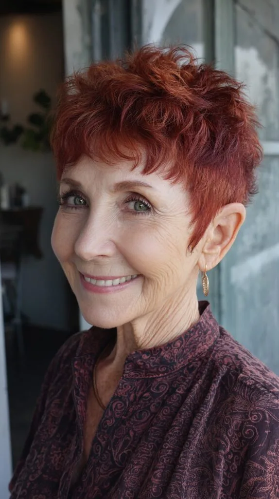 Short Rust Red Choppy Pixie with Wispy Micro-Fringe