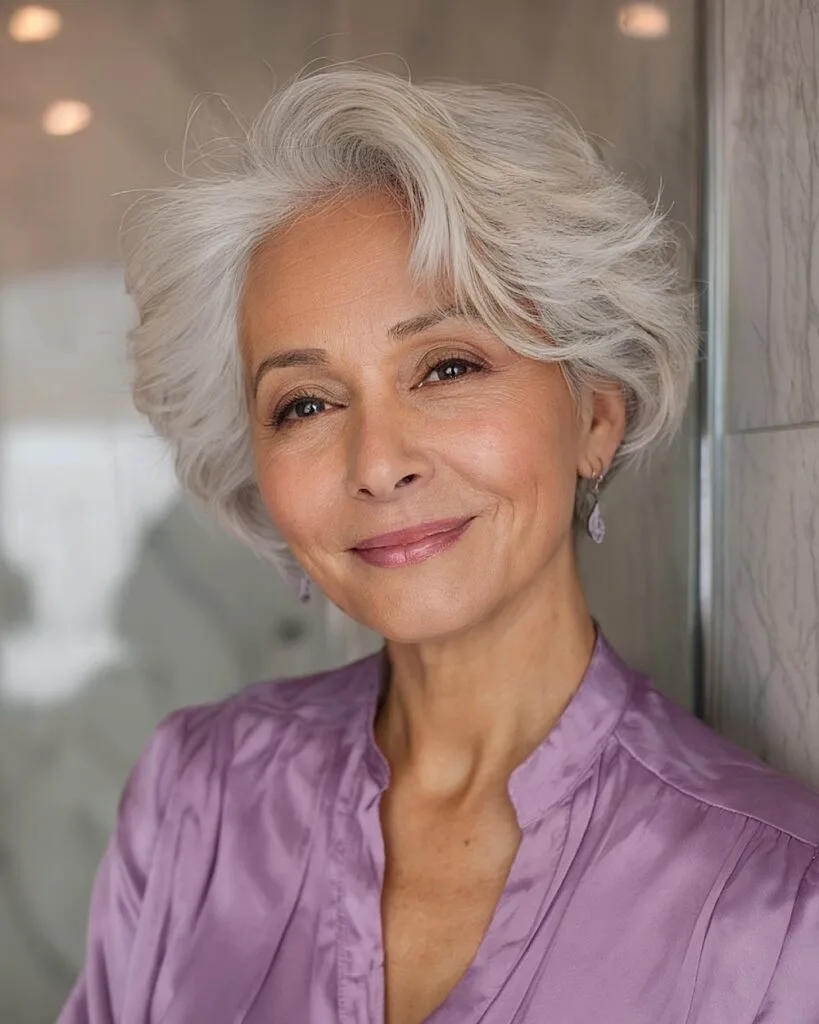 Short silver pixie-bob with volume layers for women over 50 embracing natural gray
